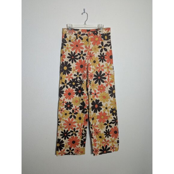 Flower Power Womens Wide Leg Pants High Rise Hippie Bohemian 70s Daisy Large - Picture 1 of 10